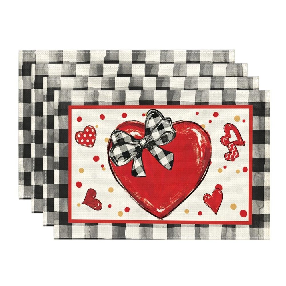 Buffalo Plaid Red Heart Valentine's Rectangular 4 Pcs, 12" x 18" Black/Beige